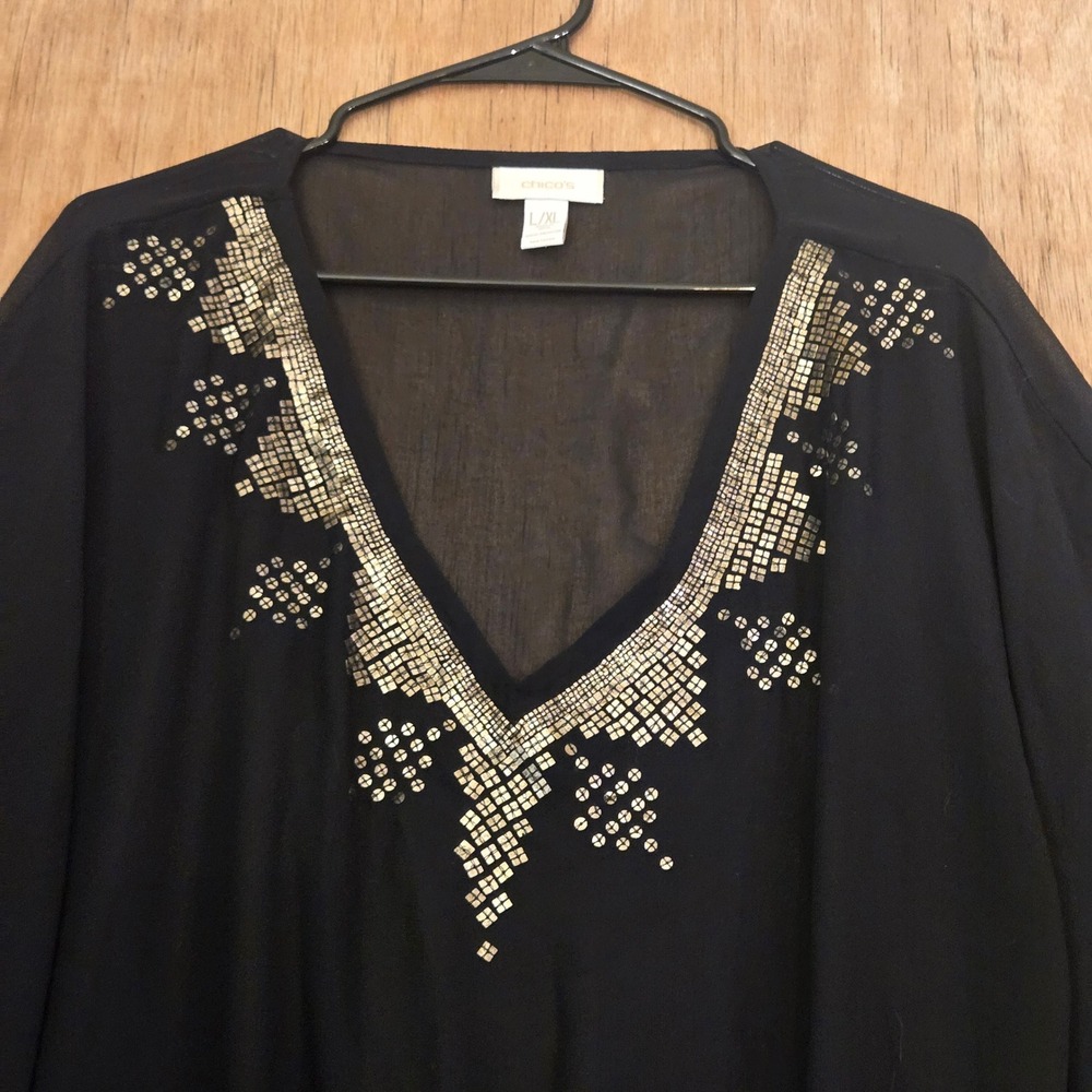 Chico's Black Sheer Kaftan Gold Sequin Embellished Cape Blouse Poncho Top L/XL